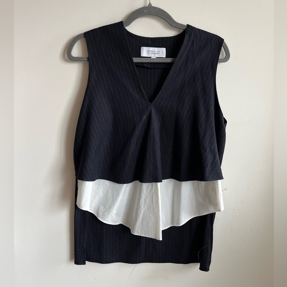 Derek Lam 10 Crosby Wool Pinstriped tiered Sleeveless V-neck blouse Sz 6 - Picture 2 of 14